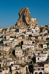 Panoramic view of the Ortahisar Castle and the historic old town of Cappadocia, in Turkey.vertical photo