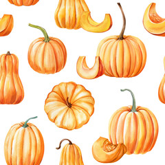 Vibrant pumpkins, fall foliage seamless pattern. Autumn watercolor hand-painted nature pattern seasonal print, Fabric