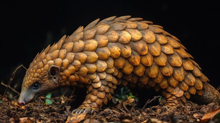 A pangolin with distinctive scales in a natural setting.