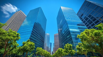 Fototapeta premium modern city skyline featuring reflective glass skyscrapers and corporate office buildings, offering a glimpse of contemporary urban architecture and a dynamic business environment