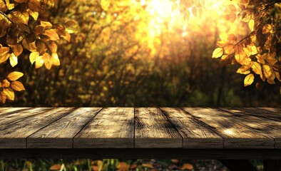 Naklejka premium Sunset in forest with orange leaves and wooden plank in autumn