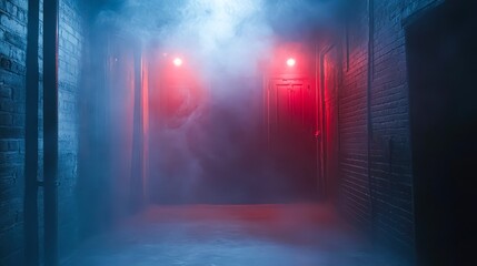 A foggy corridor with dim red lights creating a mysterious atmosphere, ideal for horror themes, film settings, or creative storytelling projects, Use in presentations or digital art inspirations,