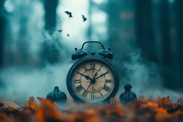 A vintage alarm clock surrounded by autumn leaves and fog creates a mysterious ambiance, perfect for themes of time, change, or seasonal storytelling in marketing materials and artwork,