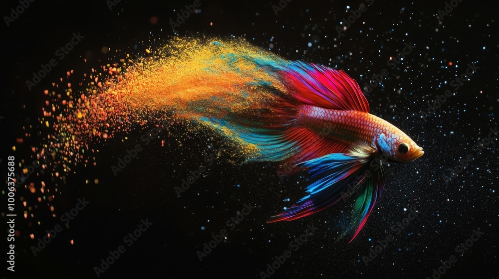 Poster a colorful fish swims gracefully through a dark background, leaving a vibrant trail of sparkling par