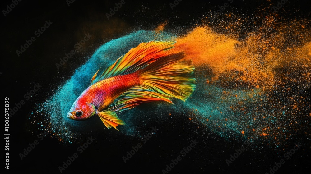 Poster A vibrant fish swims through colorful splashes of powder, creating an artistic display against a dark background.