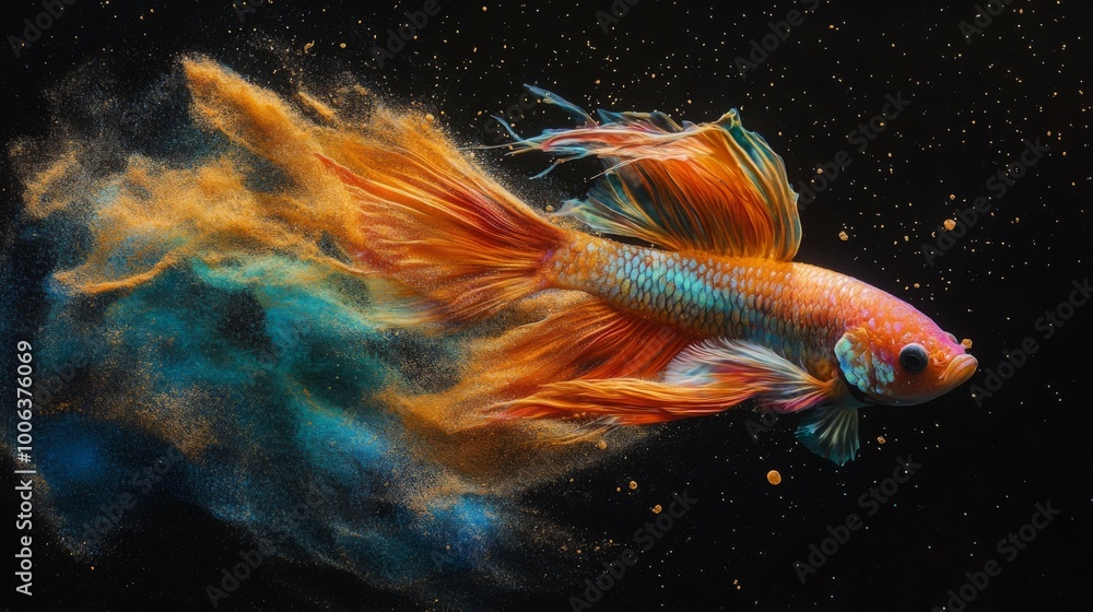 Poster a vibrant goldfish swims through a starry cosmos, its colorful fins trailing like wisps of cosmic du