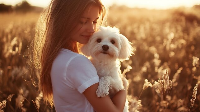Young woman hugging dog in the park at sunset. pet care concept.