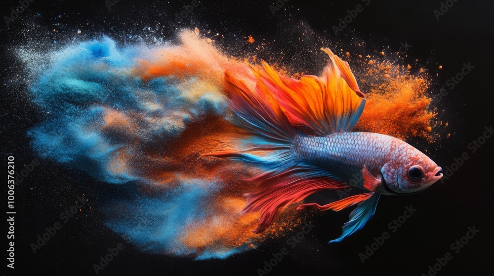 Poster A vibrant, artistic depiction of a fish swimming through colorful splashes of powder, creating a dynamic and captivating visual effect against a dark background.
