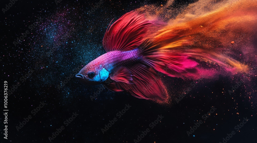 Aufkleber a vibrant betta fish swims gracefully through a colorful splash of particles, creating a mesmerizing