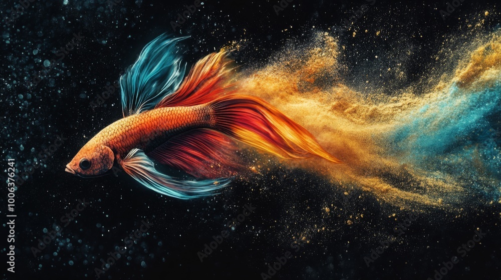 Poster a vibrant fish swims through colorful particles, showcasing stunning hues and dynamic movement again