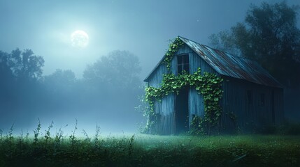 A serene, misty night scene featuring a rustic wooden barn partially covered in ivy under a glowing full moon, This evocative image is perfect for nature, mystery, or rustic-themed projects,