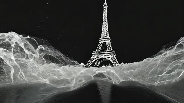 The Eiffel Tower is seen through a wave of water