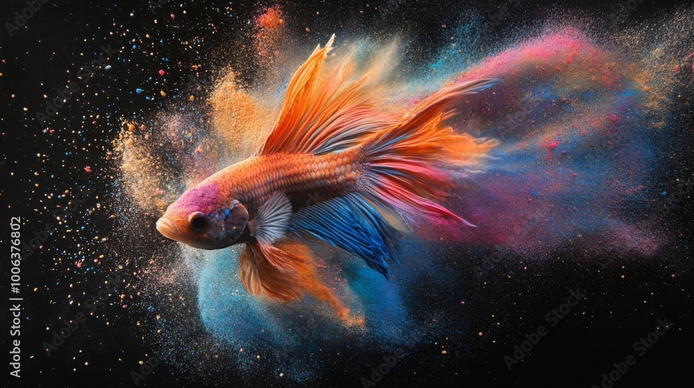 Aufkleber A vibrant goldfish swims through colorful splashes of powder, creating a dynamic burst of color against a dark background.