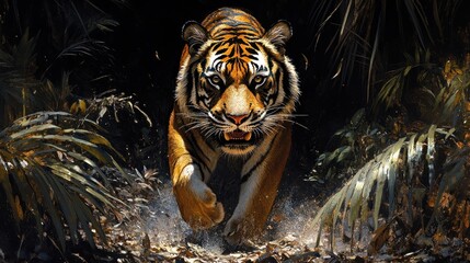 A fierce tiger running through a dense jungle environment.
