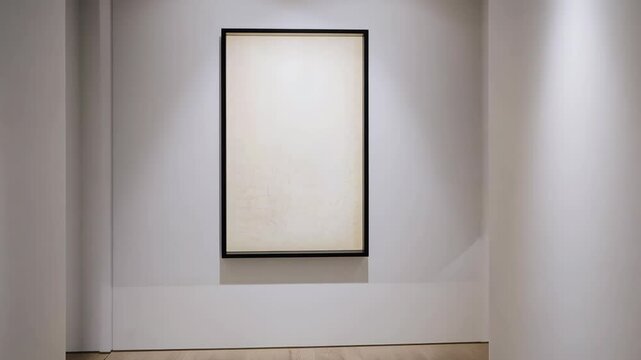 A simple black framed artwork hangs on a white wall in a modern gallery