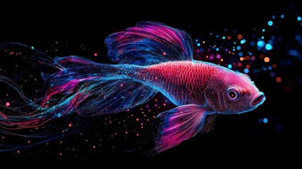 Fototapeta premium A vibrant, colorful fish swimming through a dark background, surrounded by sparkling particles, creating a magical and ethereal atmosphere.