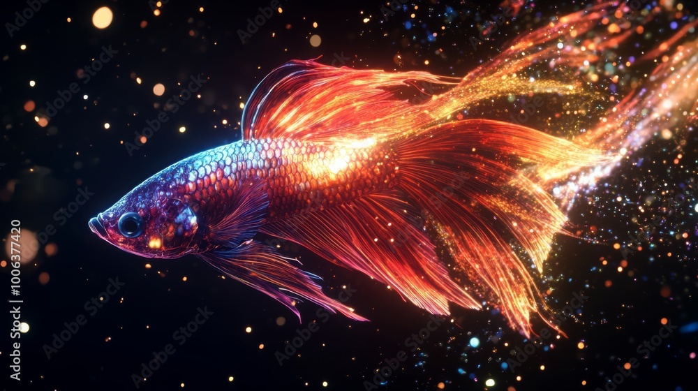 Poster a vibrant, glowing fish swims through a cosmic background filled with lights and colors, creating a 