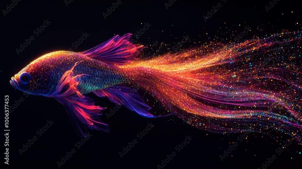 Poster a vibrant, swirling fish composed of colorful particles swimming against a dark background, creating
