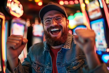 Fototapeta premium Young man winning poker casino in a dark night club