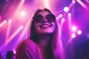 Portrait of beautiful young woman in sunglasses dancing and smiling