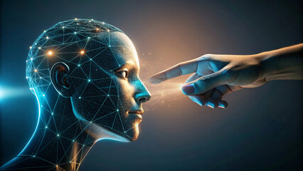 Obraz premium 3D digital illustration of an AI head with a glowing brain, symbolizing the power of the mind and data connection 