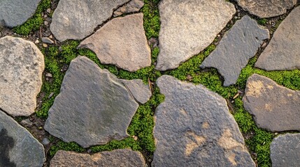 Close-up of pavement stones with green moss growing in between, illustrating the beauty of nature reclaiming urban spaces.