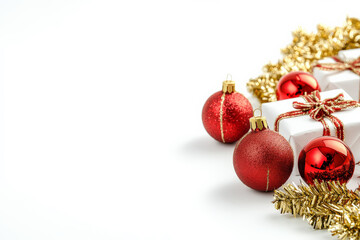 A holiday setup with shiny golden garlands, bright red Christmas balls, and neatly wrapped gifts resting on a clean white paper background for a classic Christmas and New Year look.