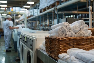 Cleaners work inside a commercial laundry. Industrial washing machines