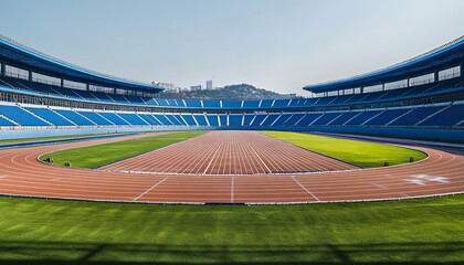 Obraz premium Empty athletic stadium with a running track, green grass, and blue seats under a clear sky.