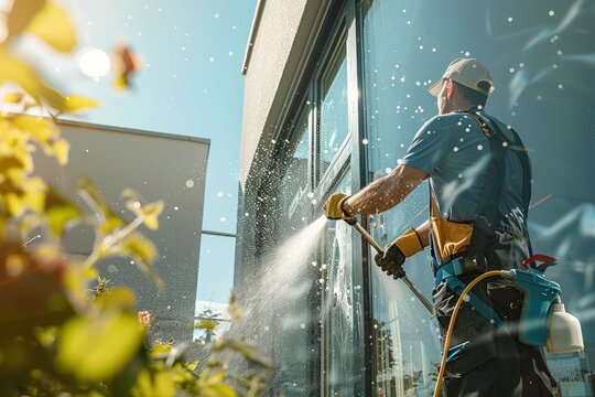Man cleaning exterior windows of a suburban house using a water-fed pole system