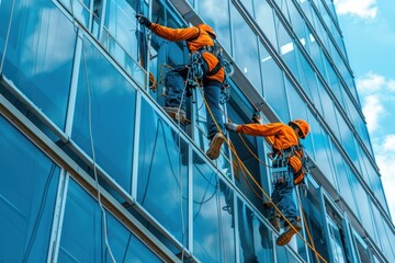 Fototapeta premium window cleaners clean huge windows in skyscrapers