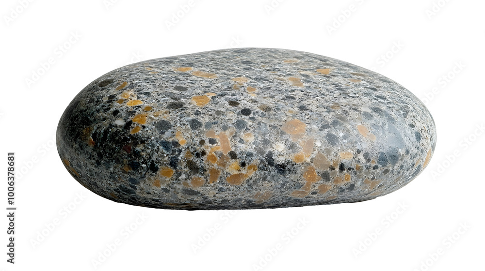 Poster Closeup shot of a smooth,multi-colored stone or pebble with a detailed,textured surface,showcasing the natural patterns and formations created by geology and erosion over time. The image has a plain.