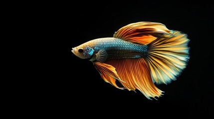 Fototapeta premium A colorful betta fish swims gracefully against a black background, showcasing its vibrant fins and intricate patterns.