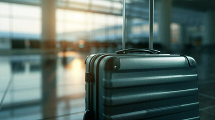 Fototapeta premium Piece of luggage at airport terminal - symbol of business or holiday travel, with copy space