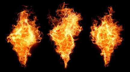 Realistic burning fire flames set on black background