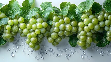 Close-up shot of fresh,green grape clusters growing on the vine with water droplets or dew glistening on the surface,showcasing the healthy,natural and organic nature of viticulture and winemaking.