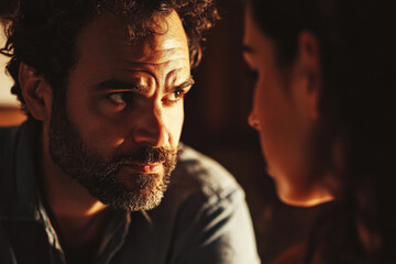 A close up of a Brazilian man interviewing a Hispanic woman, both displaying focused expressions. The warm lighting and professional setting in the background enhance the sense of collaboration in