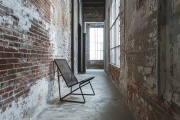 A narrow, elongated room with exposed red bricks, showcasing a simple, black metal chair placed at the far end, next to a tall window.