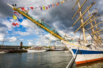 ROUEN, NORMANDY, FRANCE: bowsprit of tall ship Mir, a three-masted, full-rigged training ship,...