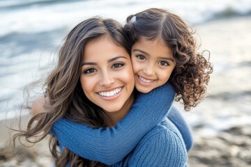 Obraz premium This is a happy Latino mother taking her child to the beach - a family and love concept