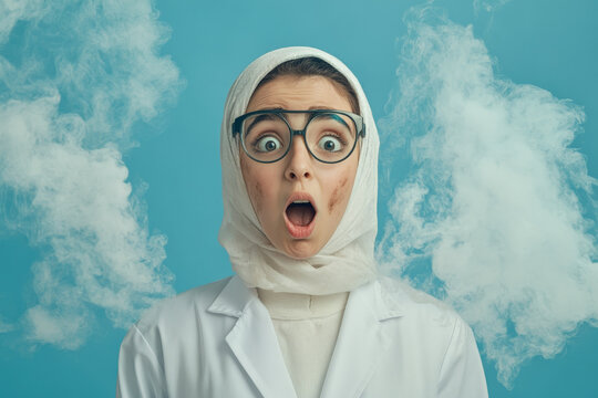 Arabian girl scientist with soot-smudged face, surprised by her experiment, standing against a blue backdrop.