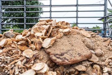 Pile of stale bread expired in the pickup truck. Main ingredients for use as a preparing fish food...