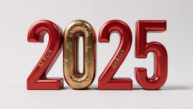 Futuristic 3D calendar design for New Years celebration with a red and metallic font on a transparent background