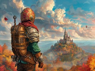 Naklejka premium A steampunkinspired scene of an ancient warrior with mechanical enhancements, protecting a fortified stronghold, set in an industrial fantasy world, Steampunk, Sketch