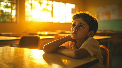 A Brazilian schoolboy sits at his desk, visibly upset, sunlight through the window creating a warm glow in the classroom, highlighting his somber expression.