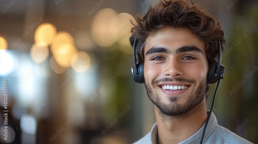 Poster portrait of a smiling male call center operator, offering customer service and support through a hea
