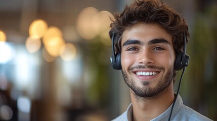 portrait of a smiling male call center operator, offering customer service and support through a headset, working in a modern office with professional communication and client interaction