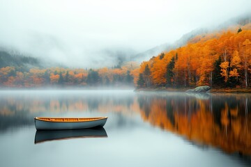 Serene Autumn Lake with a Lone Rowboat and Misty Forest Reflection