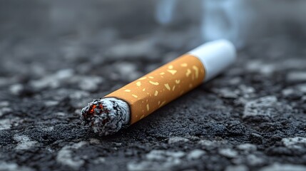 Closeup view of a lit cigarette stub discarded on a textured,gritty concrete surface,representing the unhealthy habit of smoking and the environmental impacts of tobacco waste.