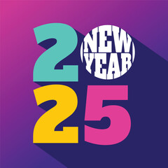 2025 Colorful typography template vector illustration. Happy New year celebration greeting card, poster, banner. Modern 2025 logo. New year wishing card, wallpaper, sticker, label, badge.